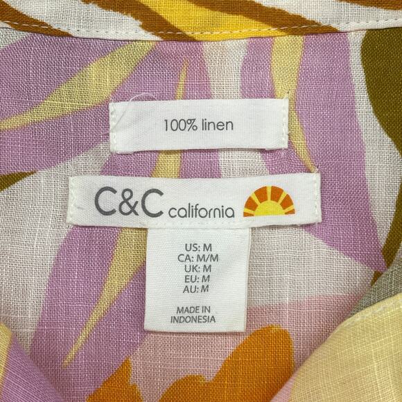 C&C CALIFORNIA Top M 100% Linen Tropical Leaf Camp Shirt Button Front Yellow - Picture 5 of 13